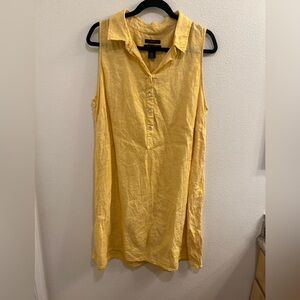 Tahari yellow sleeveless shirt dress made from 100% linen.